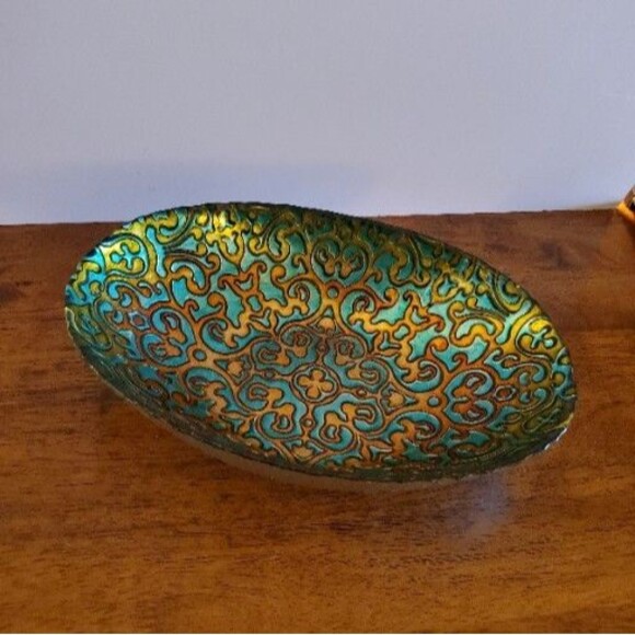 ArdaCam Hand-Painted Glass Serving Bowl Turq & Gold, Turkey, Environ Friendly - Picture 1 of 8